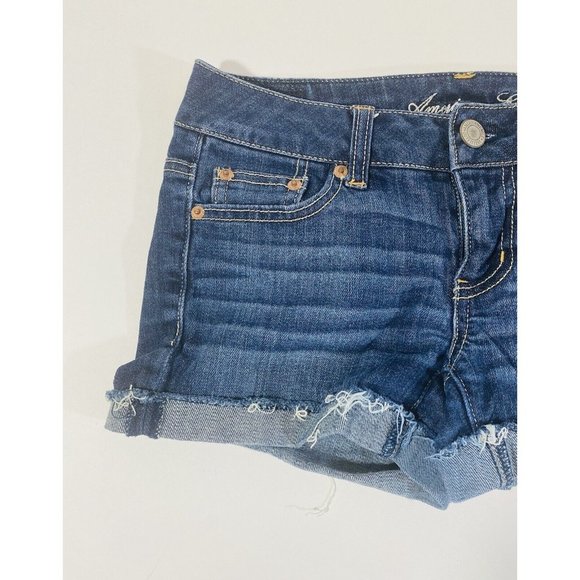 American Eagle Womens Jean Shorts Sz 2 Stretch Denim Cuffed Booty Mini Raw Hem - Picture 4 of 8